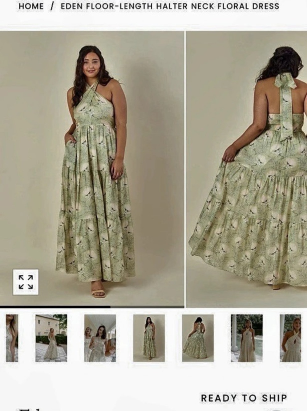 Lula Kate Eden Dress Floral Halter Maxi Green & Cream Medium NWT